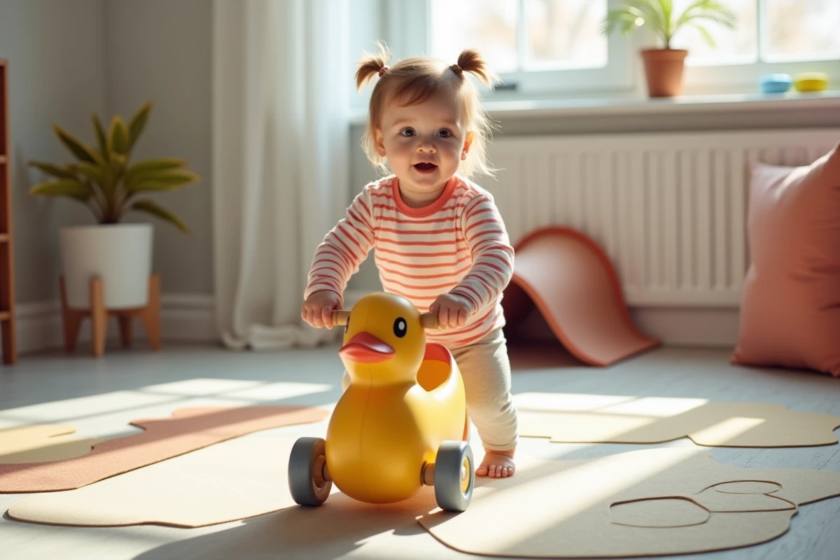 Petite fille de 1 an faisant ses premiers pas avec un chariot de marche en bois dans une salle de jeux colorée