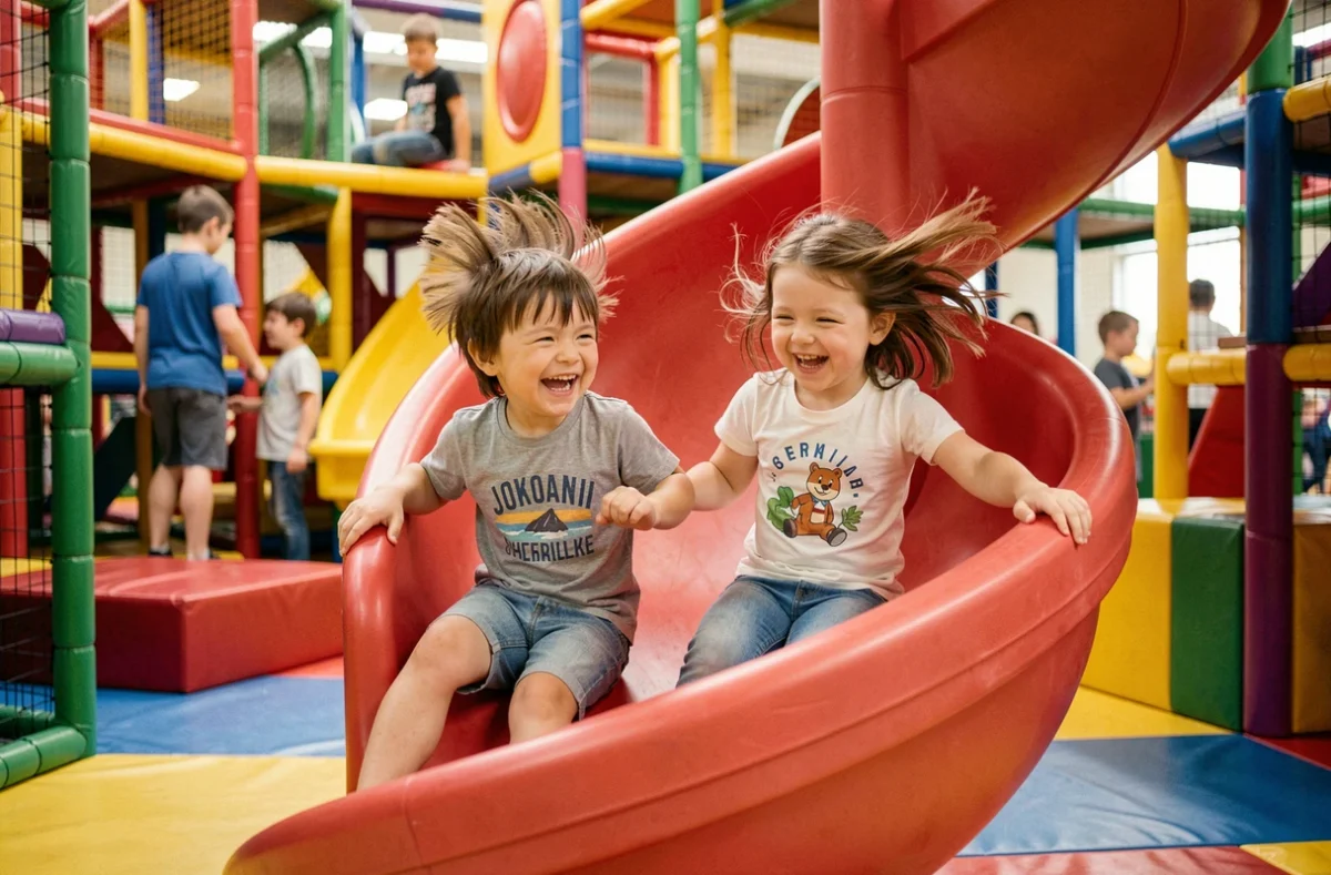 Deux enfants dévalant un toboggan en spirale dans l'aire de jeux couverte Jokoani à Caen