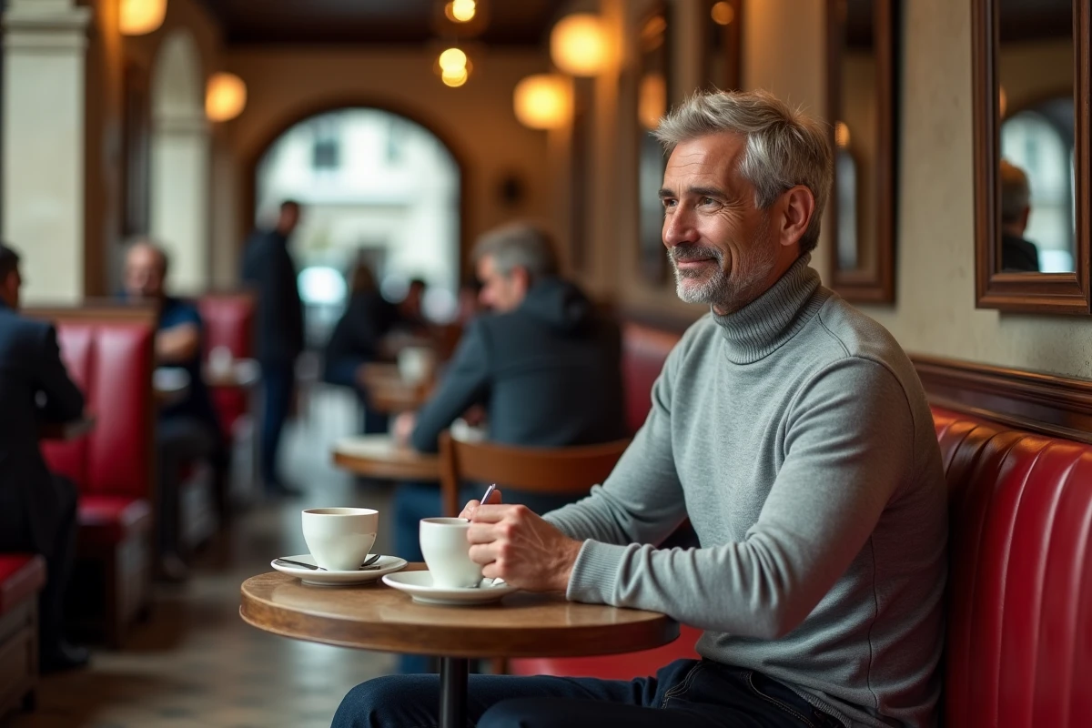 Journaliste élégant attablé seul dans un café parisien avec deux tasses, regard mystérieux et sourire ambigu