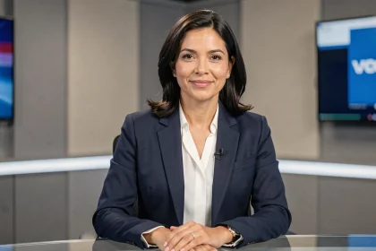 Journaliste femme en plateau de télévision, ambiance professionnelle et médiatique