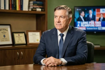 Portrait professionnel d'un journaliste télévision en costume marine assis dans une loge de plateau, symbole de discrétion médiatique