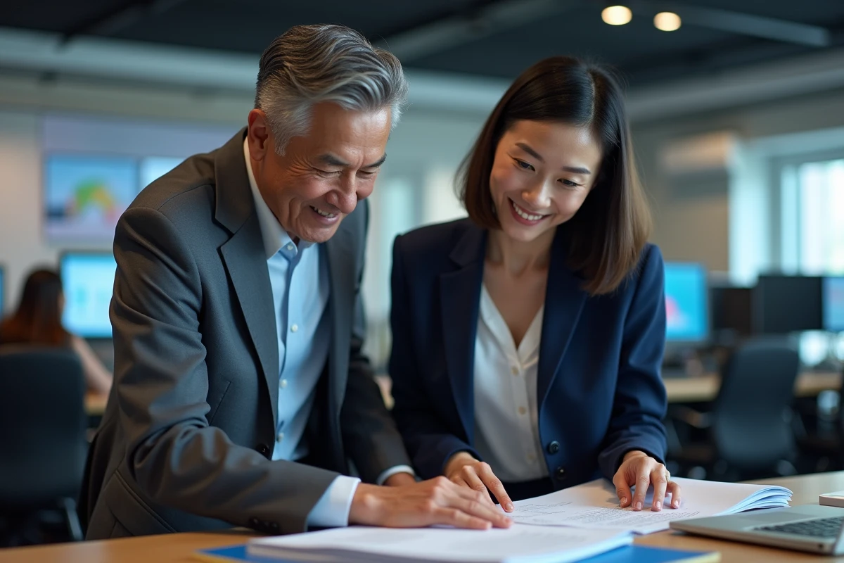 Équipe de journalistes dans un bureau moderne avec écrans