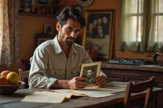 Jeune homme d'origine mixte contemplant des photos de famille anciennes sur une table en bois, symbolisant l'héritage culturel et les racines familiales