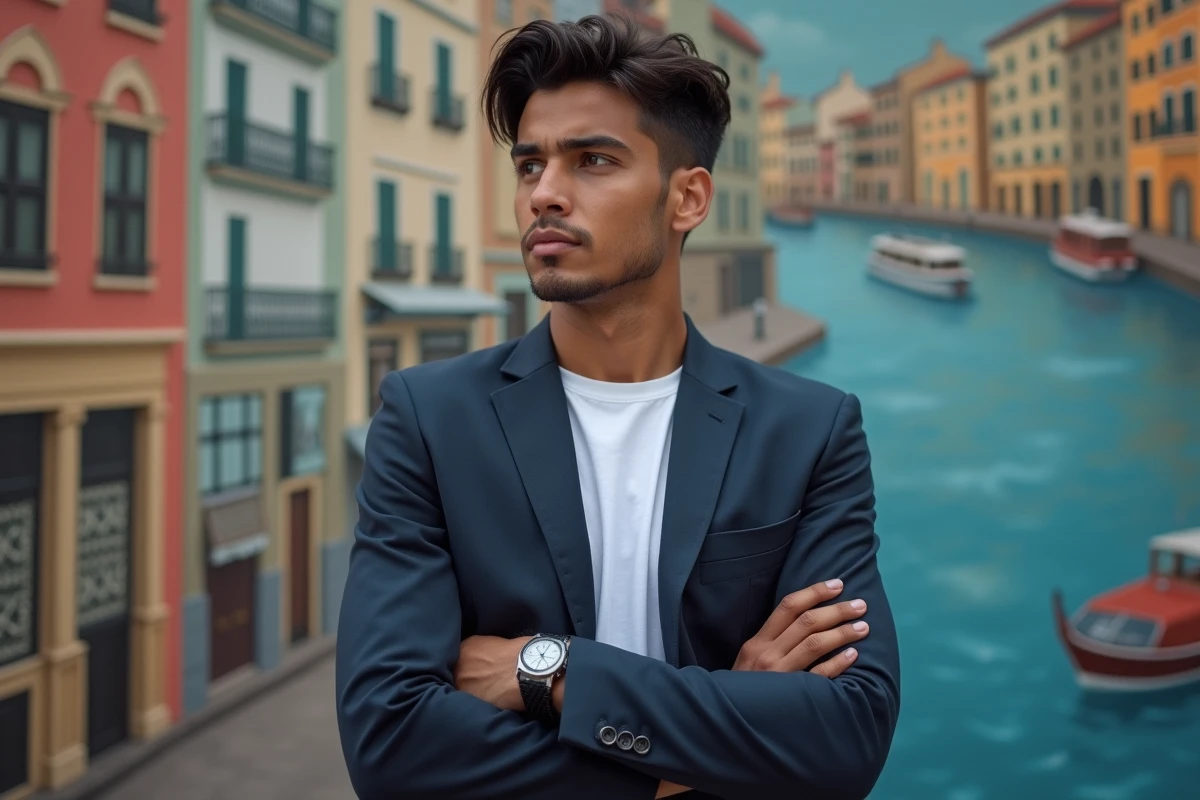 Jeune homme aux origines mixtes devant une fresque murale représentant deux cultures fusionnées, illustrant l'influence de ses racines sur ses choix de vie