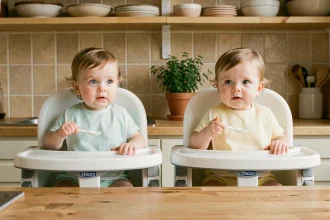 Deux jumeaux assis côte à côte dans des chaises hautes Chicco Polly Magic dans une cuisine familiale chaleureuse