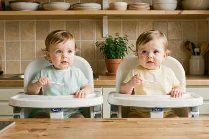 Deux jumeaux assis côte à côte dans des chaises hautes Chicco Polly Magic dans une cuisine familiale chaleureuse