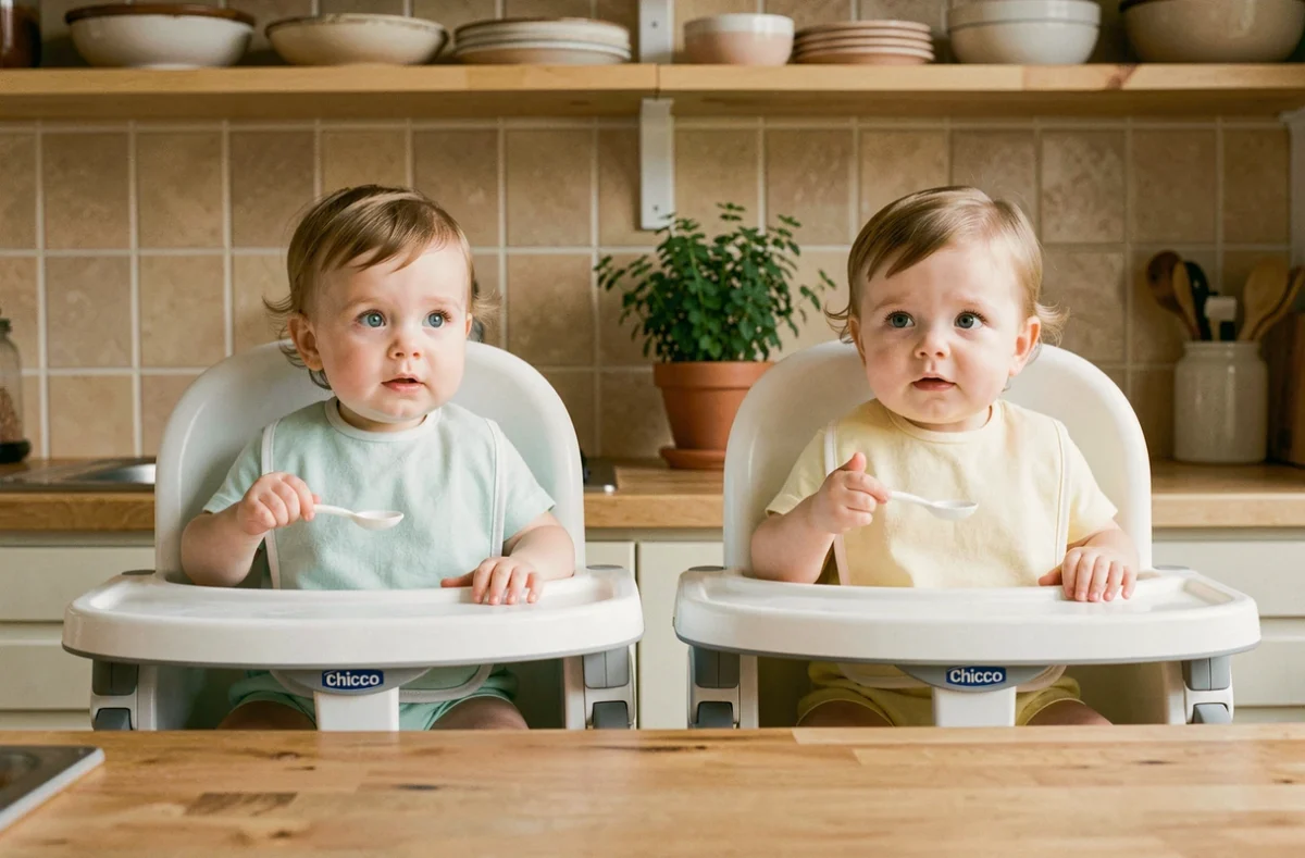 Deux jumeaux assis côte à côte dans des chaises hautes Chicco Polly Magic dans une cuisine familiale chaleureuse