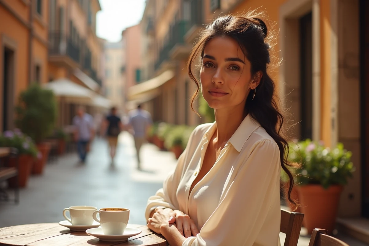 Femme aux origines méditerranéennes assise à une terrasse de café italienne avec une tasse d'espresso, évoquant l'héritage culturel italien de Kelly Vedovelli