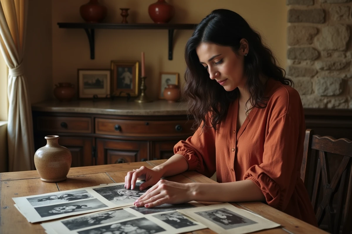 Femme méditerranéenne examinant de vieilles photographies de famille dans un intérieur rustique italien, illustrant la recherche des origines italiennes et la part de mystère de Kelly Vedovelli