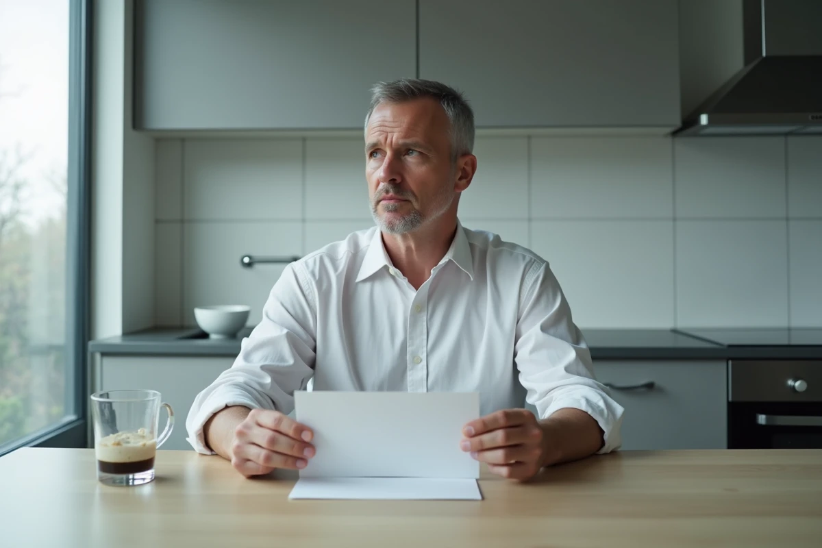 Homme assis seul face à une enveloppe cachetée sur une table de cuisine épurée, posture introspective évoquant une décision difficile