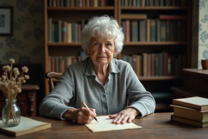 Femme âgée écrivant une lettre manuscrite dans un bureau chargé de livres, expression mélancolique et contemplative