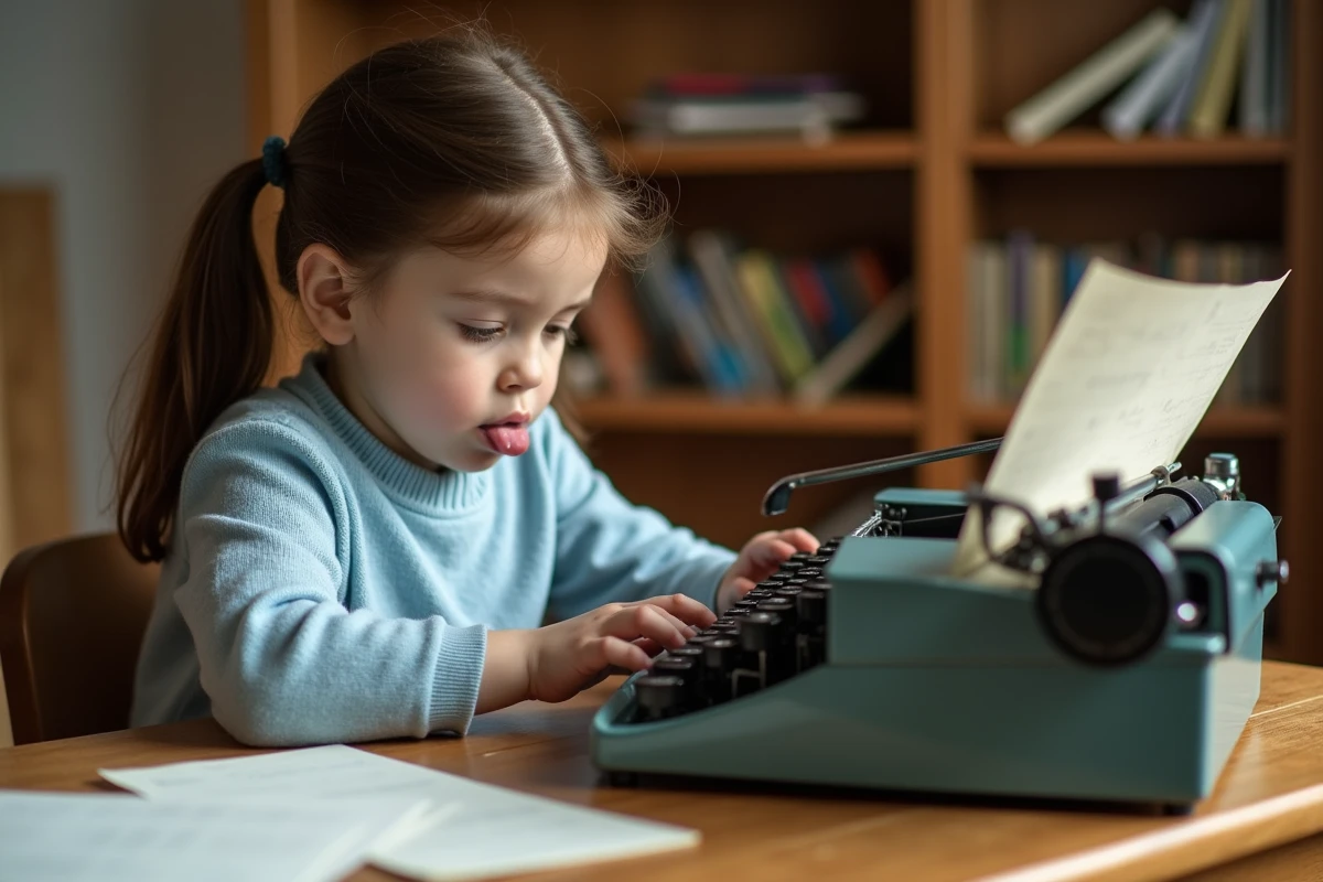 Petite fille de 7 ans apprenant à écrire sur une machine à écrire mécanique vintage posée sur un bureau en bois