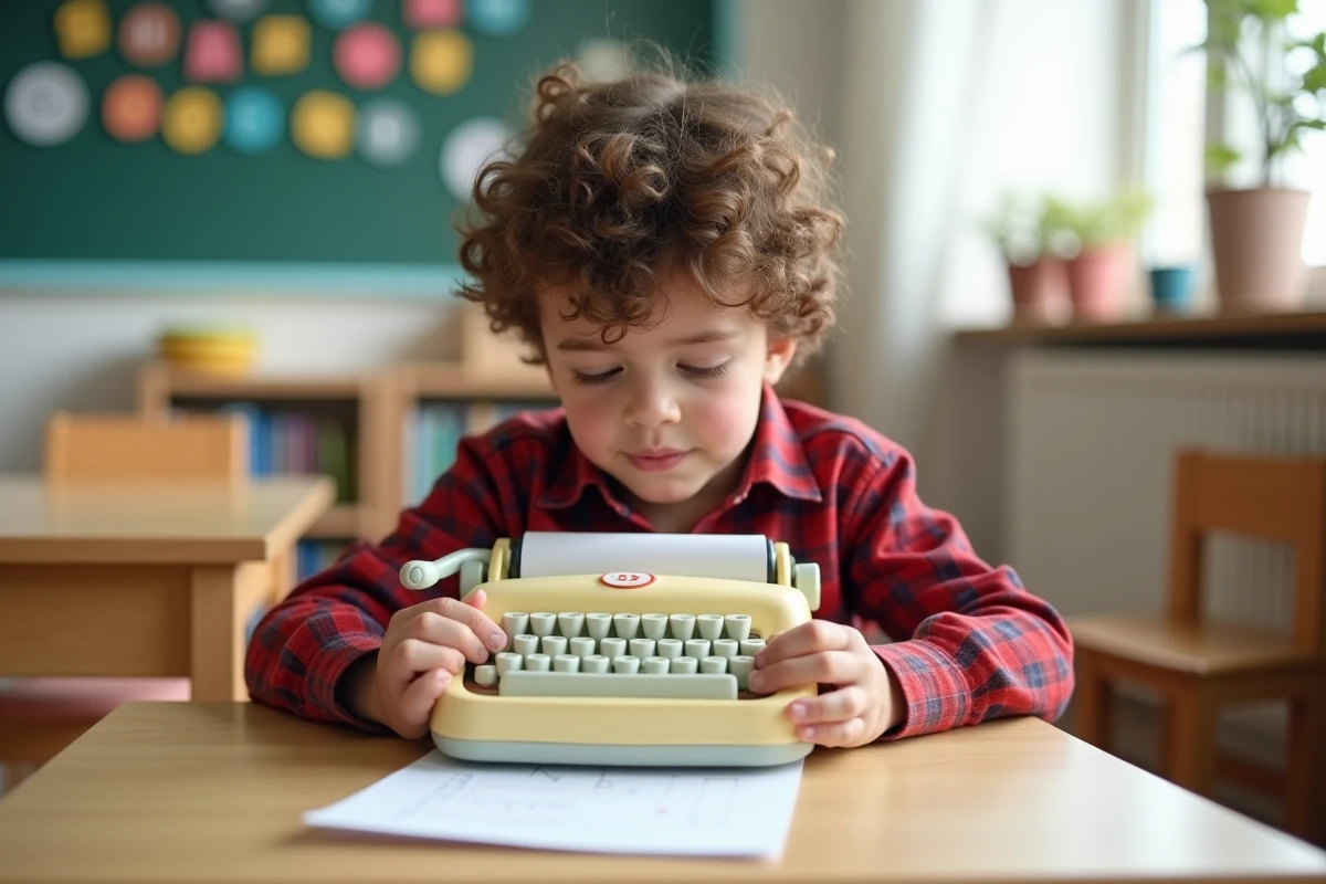 Garçon de 8 ans utilisant une machine à écrire jouet colorée dans un coin classe pour apprendre les lettres sans écran