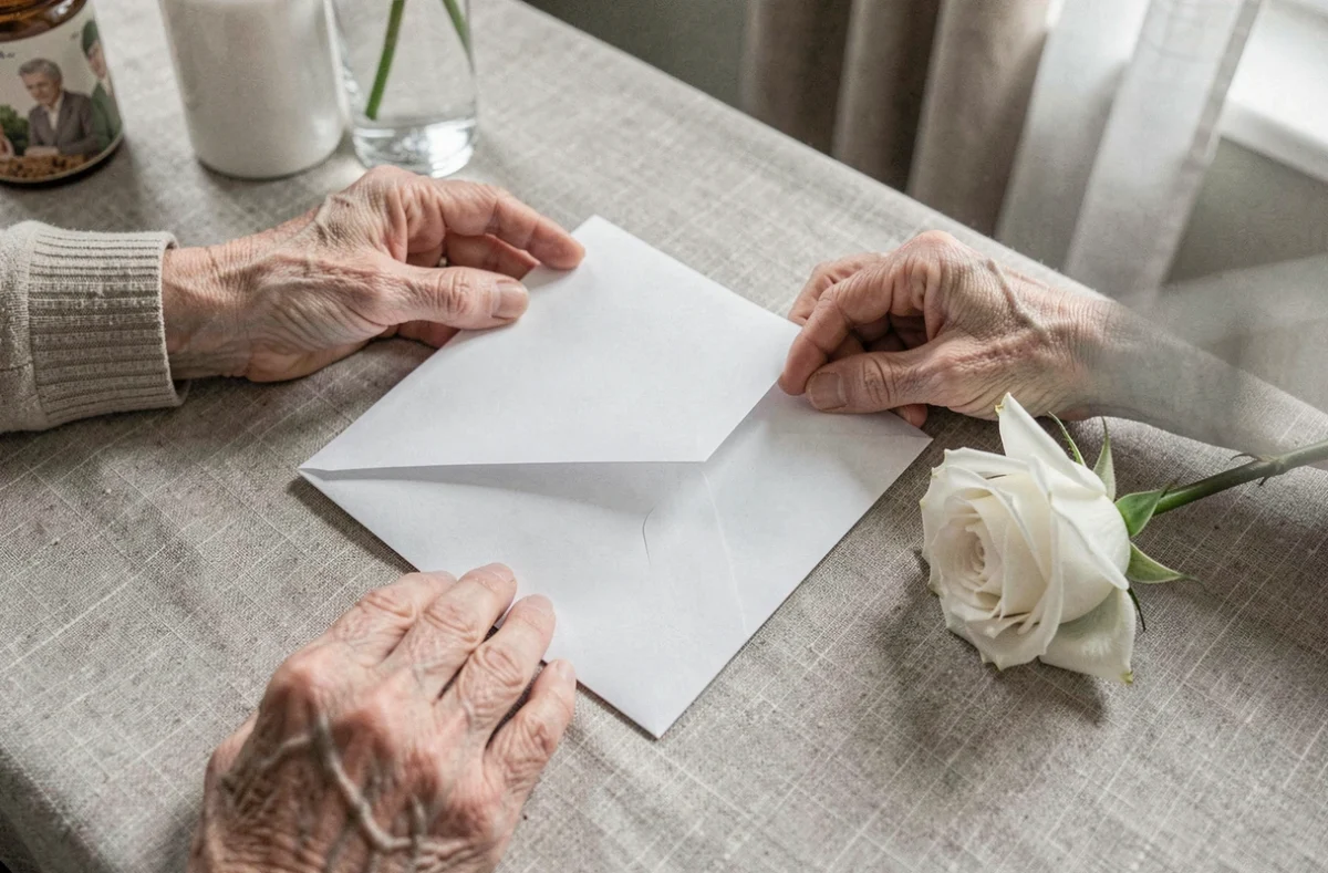 Mains tenant une enveloppe blanche avec une rose posée à côté en hommage à une tante disparue