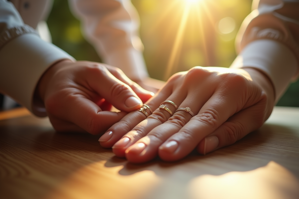 Mains retirant des bagues de mariage sur une surface en bois