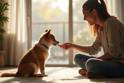 Propriétaire responsable avec chien dans salon lumineux