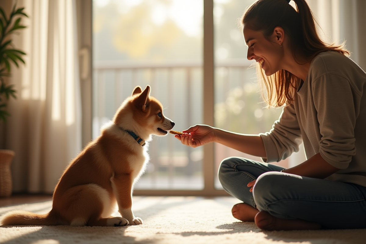 Propriétaire responsable avec chien dans salon lumineux