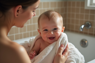 Maman tenant son bébé souriant lors du bain