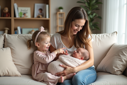 Maman avec bébé et fille dans un salon moderne