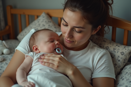 Maman avec bébé en dentition dans un berceau cosy