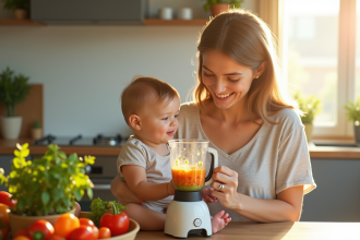 Maman souriante mélange légumes frais pour bébé dans une cuisine lumineuse