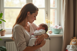 Jeune maman tenant son bébé près d'une fenêtre lumineuse