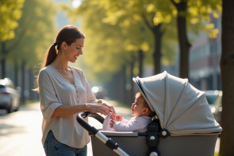 Jeune maman souriante avec poussette moderne en ville