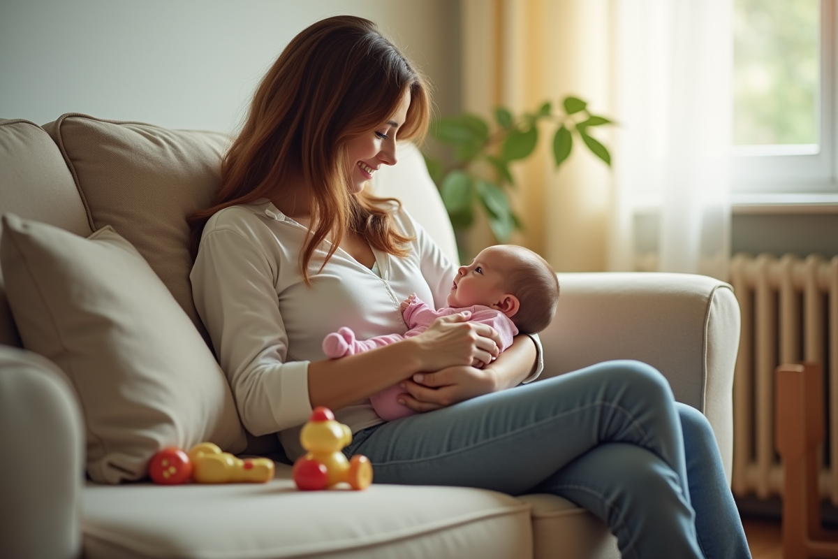 Maman tenant son bébé dans le salon lumineux
