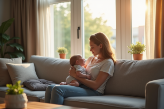 Jeune maman tenant son bébé pleurant dans un salon lumineux