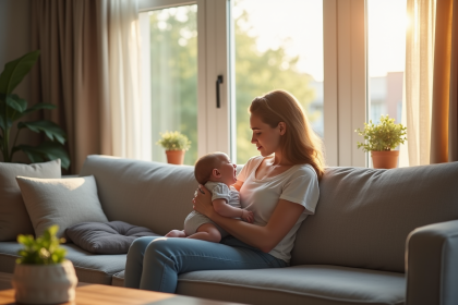 Jeune maman tenant son bébé pleurant dans un salon lumineux