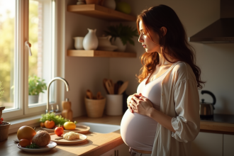 Jeune maman enceinte dans la cuisine lumineuse