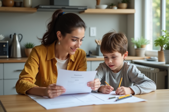 Femme et garçon à la cuisine en train de discuter