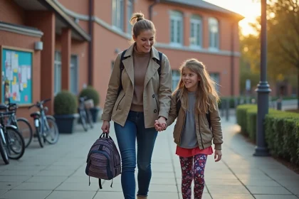Maman souriante avec sa fille &agrave; l'entr&eacute;e de l'&eacute;cole