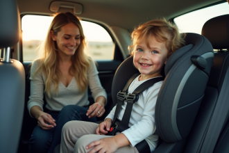 Mère souriante attachant son enfant en siège auto dans la voiture