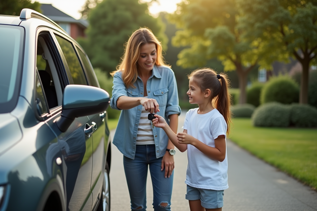 Maman et fille près de la voiture dans la cour résidentielle