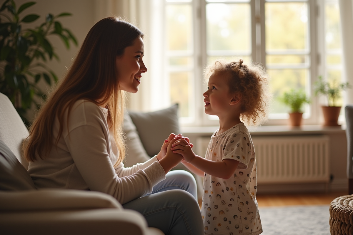 Mère tenant tendrement la main de sa fille autiste dans un salon lumineux