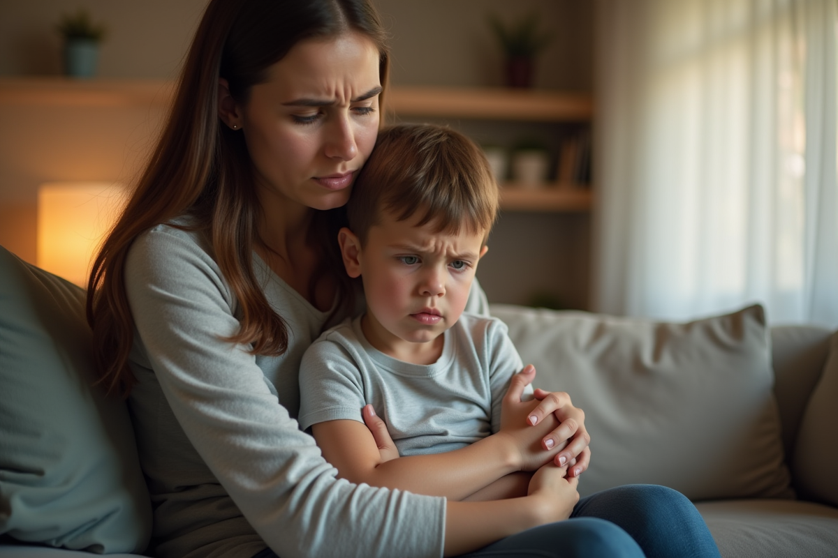 Maman soutenant son enfant inquiet dans le salon