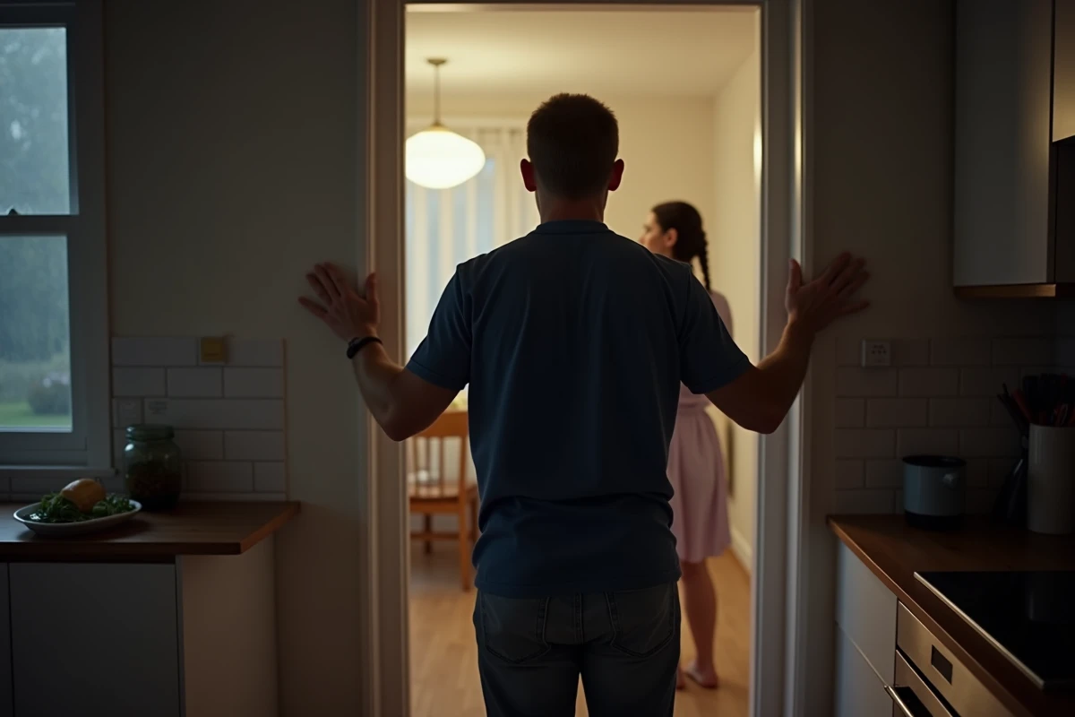 Homme seul dans l'embrasure d'une porte de cuisine, regard mélancolique vers sa partenaire éloignée, sentiment de solitude conjugale