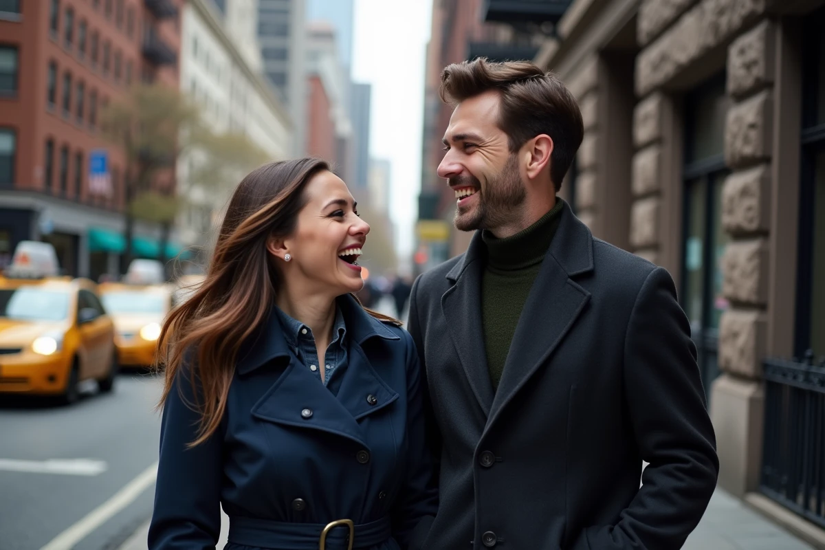 Couple complice dans les rues de New York, style urbain élégant devant un immeuble en brique de Manhattan