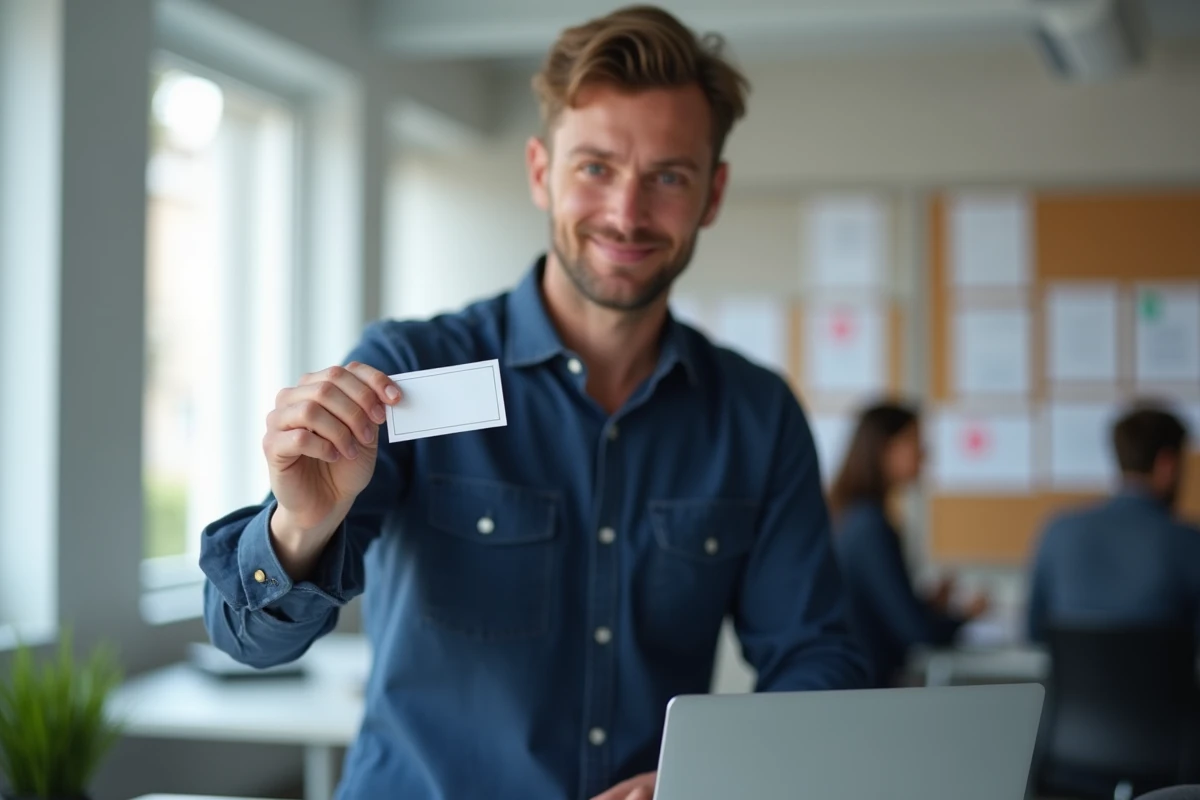 Professionnel du marketing examinant un jeu à gratter personnalisé dans un bureau moderne