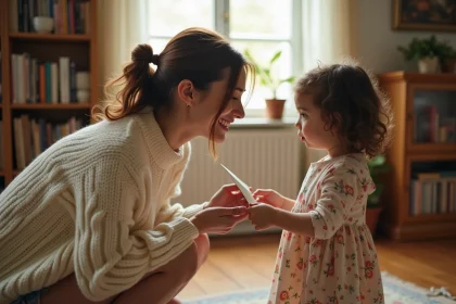 Une marraine souriante offre une carte inspirante à sa filleule dans un salon chaleureux