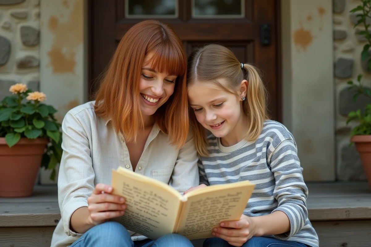 Une marraine et sa filleule lisent ensemble un journal de citations sur un perron de jardin