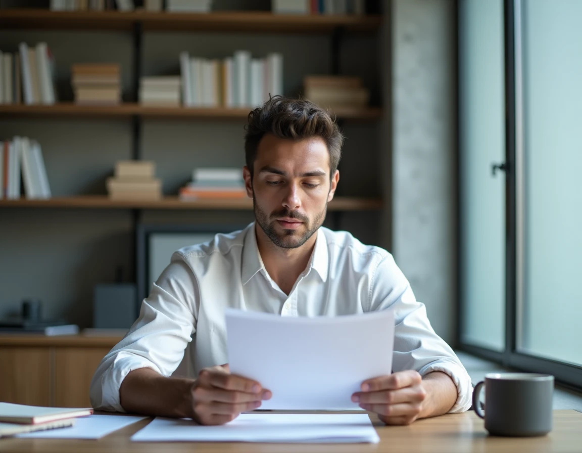 Homme concentré à son bureau à domicile consultant des documents, evoquant l'intimité et la vie privée loin des projecteurs