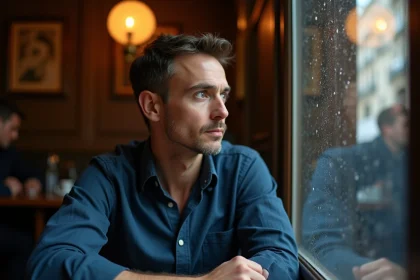 Homme pensif attablé dans un café parisien, regard tourné vers la fenêtre sous la pluie, illustrant la vie privée et l'introspection