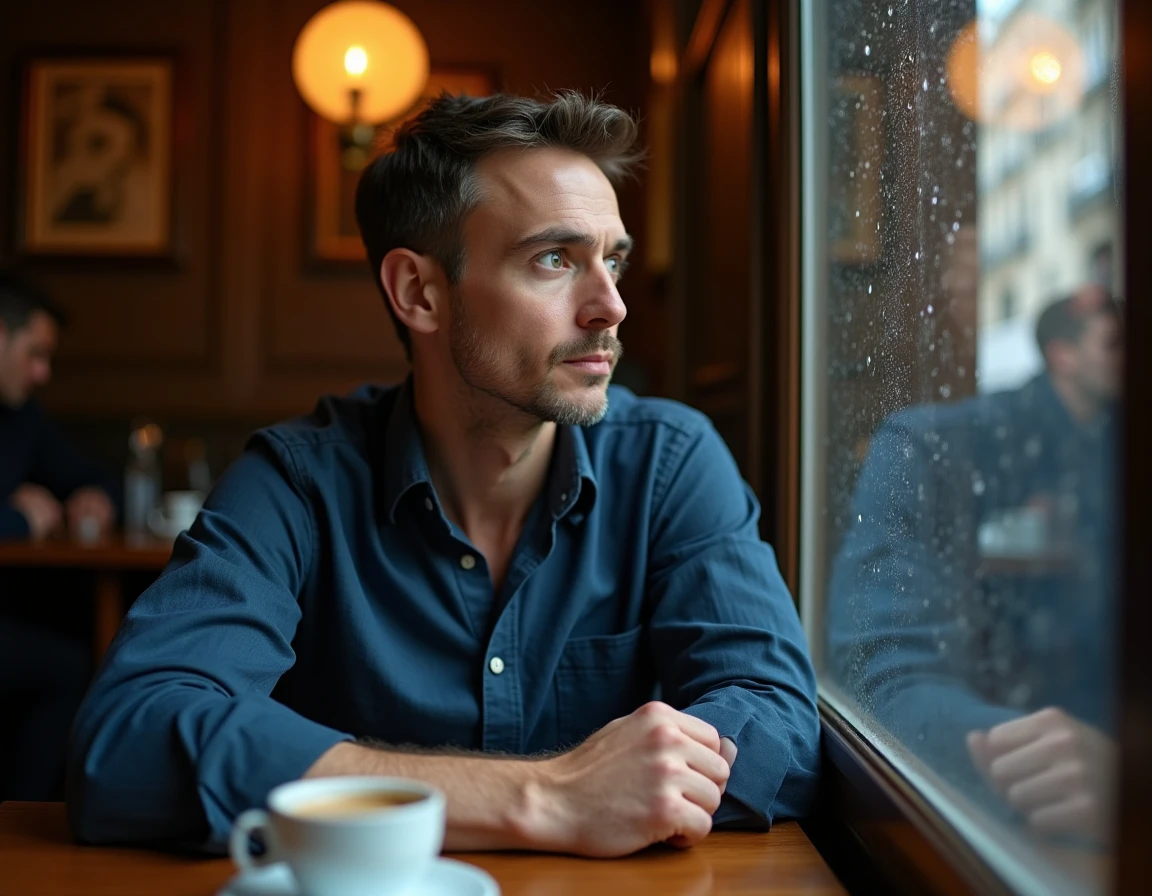 Homme pensif attablé dans un café parisien, regard tourné vers la fenêtre sous la pluie, illustrant la vie privée et l'introspection