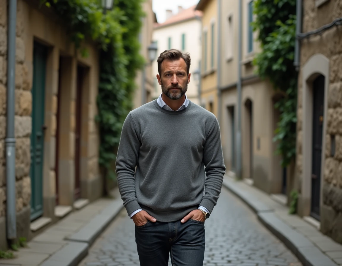 Homme en pull gris marchant dans une rue pavée française, atmosphère de vie quotidienne privée et discrète