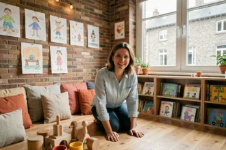 Éducatrice en micro-crèche dans les Hauts-de-France, entourée de jouets en bois et d'une décoration chaleureuse dans une salle d'éveil colorée