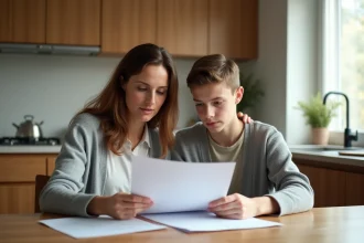 Une mère adoptive et son fils adolescent examinent des documents juridiques liés à l'adoption à la table familiale