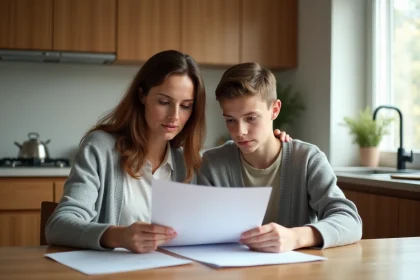 Une mère adoptive et son fils adolescent examinent des documents juridiques liés à l'adoption à la table familiale