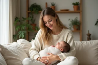 Jeune mère tenant tendrement son nouveau-né dans ses bras sur un canapé en lin dans un appartement parisien chaleureux